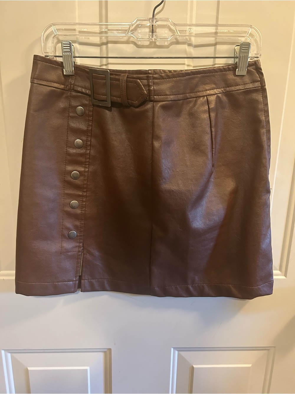 Harper Brown Faux Leather Mini Skirt with Snap-Placket and Belt